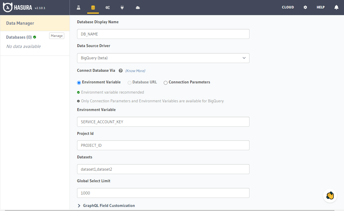 Connect
existing BigQuery database in console