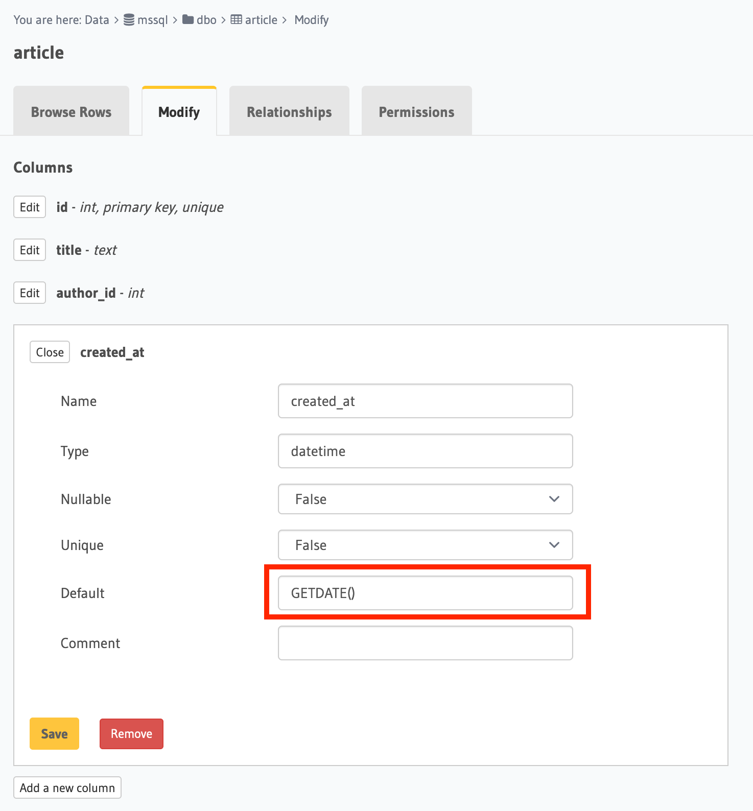 Modify the table in the console